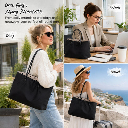 Large Black Nylon Tote Organizer Bag – Polka Dot Lining, Multi-Pocket Lightweight Shoulder Bag for Work, Travel & Daily