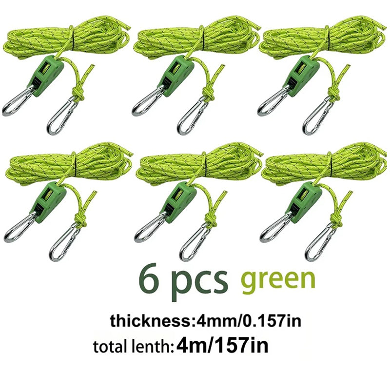 4M 6Pcs Reflective Tent Rope Set – Camping Guy Lines with Tension Buckles, Ratchet Hangers & Awning Tie-Downs, Outdoor
