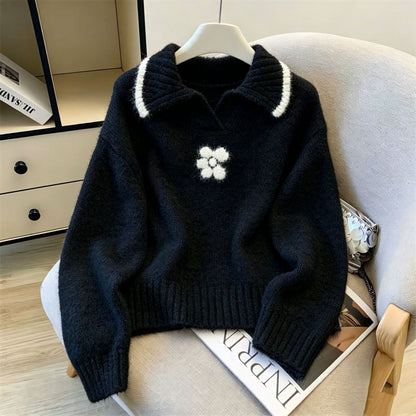 Color blocked flower lapel sweater for women