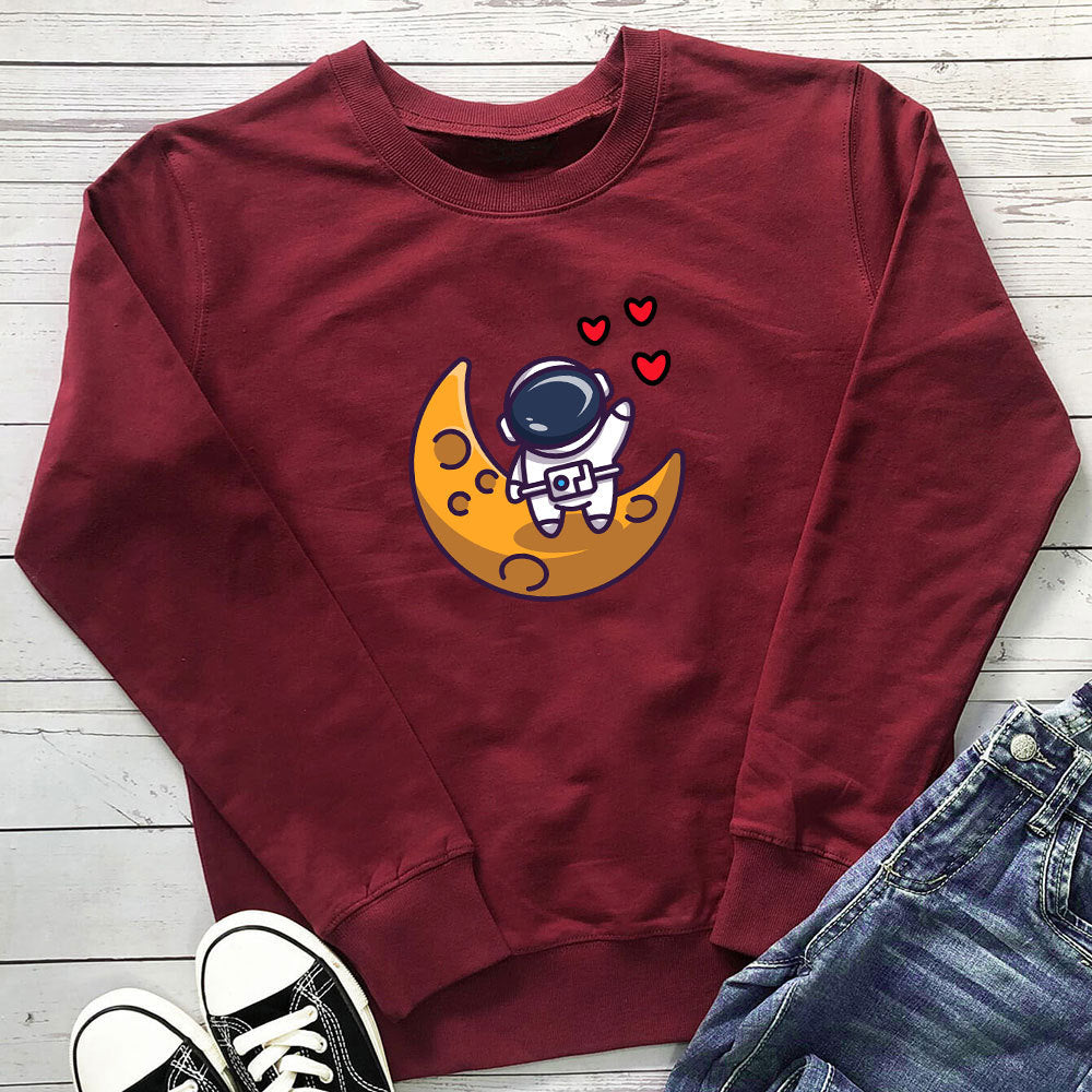 Astronaut Love Printed Round Neck Long Sleeve Hoodie