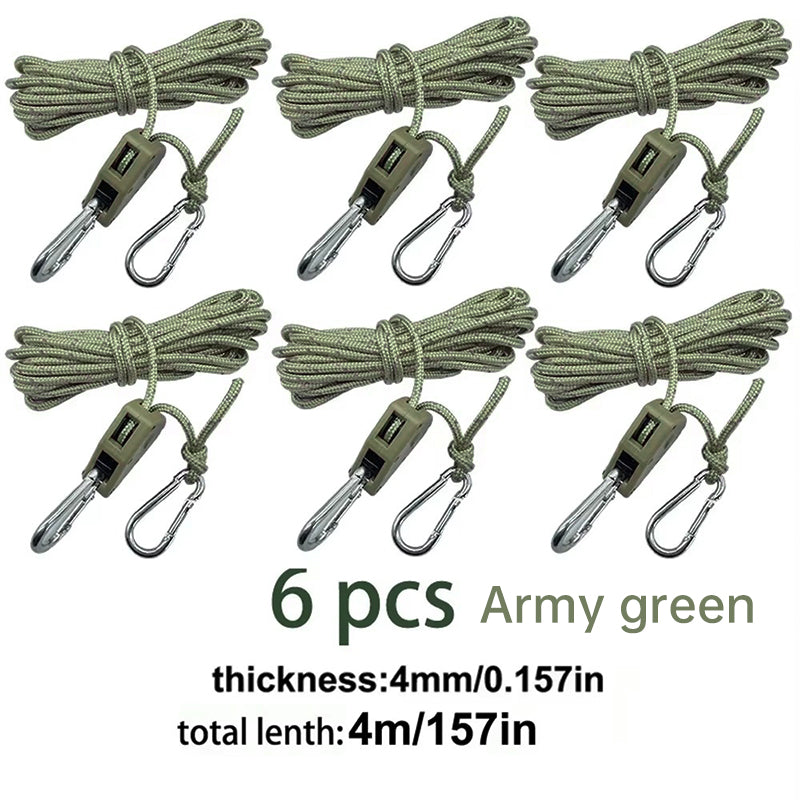 4M 6Pcs Reflective Tent Rope Set – Camping Guy Lines with Tension Buckles, Ratchet Hangers & Awning Tie-Downs, Outdoor
