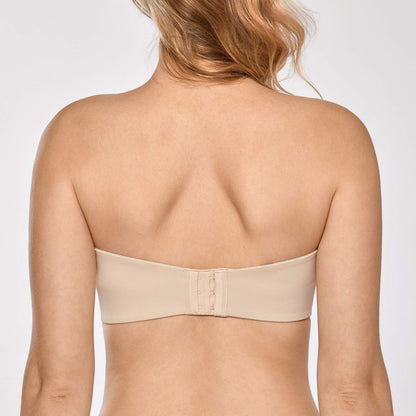 Women's strapless bra with unlined steel rims and reduced chest size