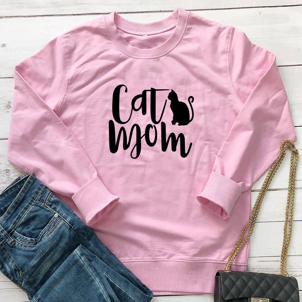 Cat Mom Printed Round Neck Hoodie
