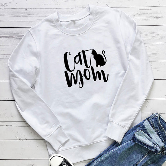Cat Mom Printed Round Neck Hoodie