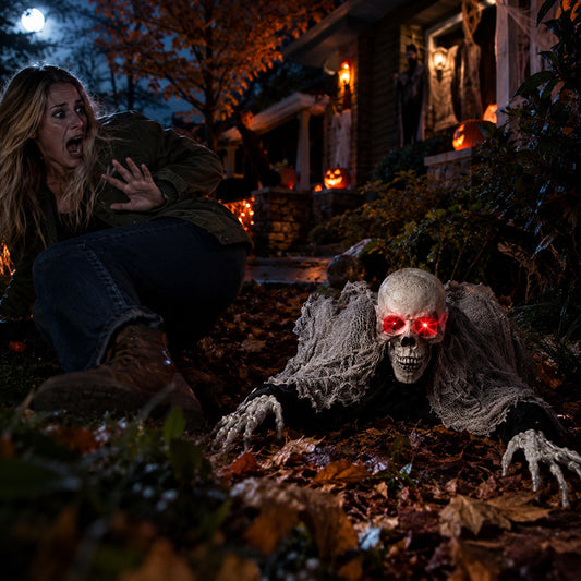 Voice Control Halloween Ghost – Glowing Red Eyes, Auto-Moving Hands, Foldable Bloody Zombie Screamer, Animatronic Decor