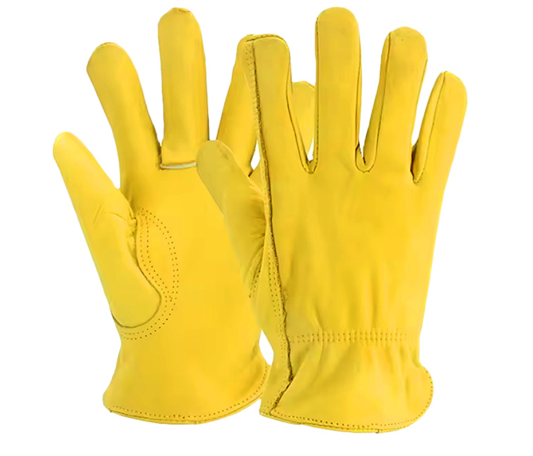 Leather Work Yellow Gloves for Motorcycle and Electric Vehicle Riding, Cowhide Protective Gloves for Handling and Driving