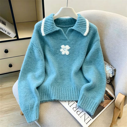 Color blocked flower lapel sweater for women