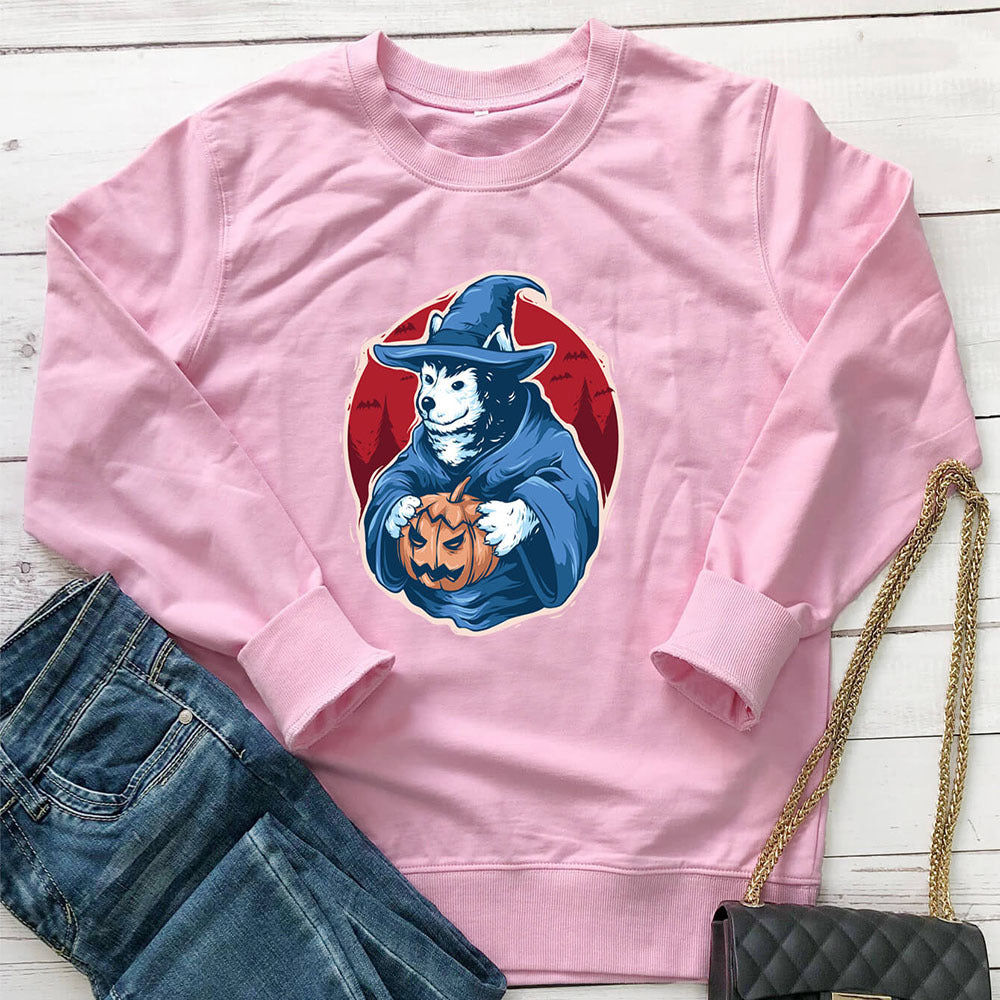 Pumpkin dog printed round neck long sleeved sweatshirt