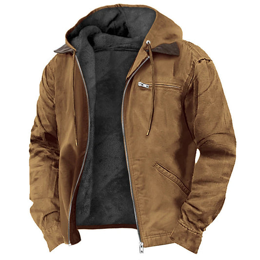 Casual Solid Color Hooded Cotton Jacket with Fleece Lining and Zipper Pockets for Men