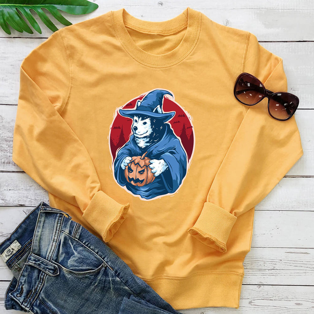 Pumpkin dog printed round neck long sleeved sweatshirt