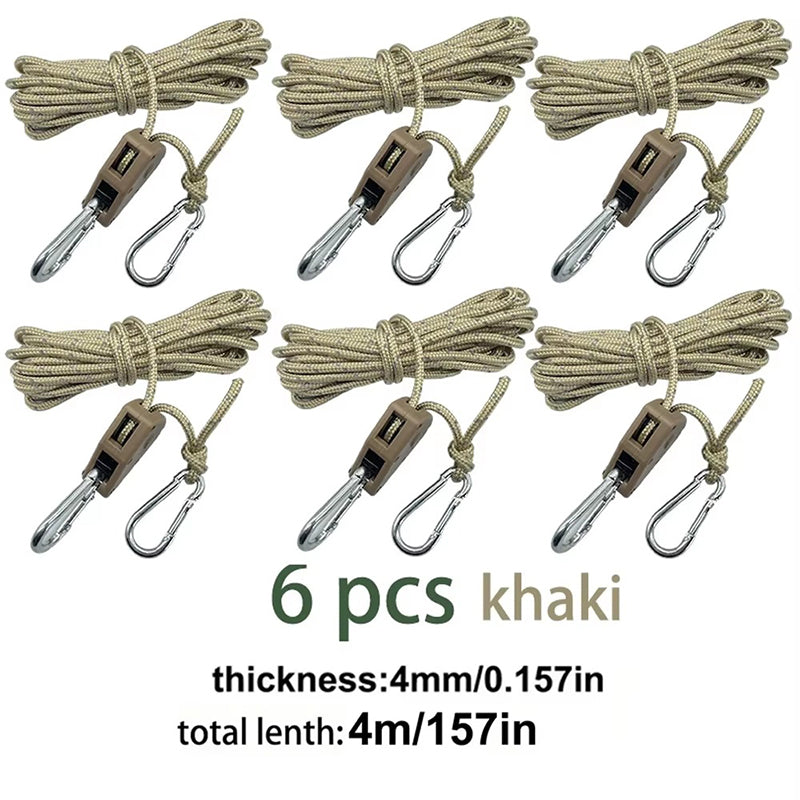 4M 6Pcs Reflective Tent Rope Set – Camping Guy Lines with Tension Buckles, Ratchet Hangers & Awning Tie-Downs, Outdoor
