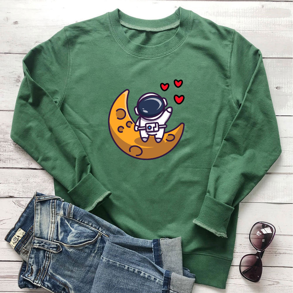 Astronaut Love Printed Round Neck Long Sleeve Hoodie